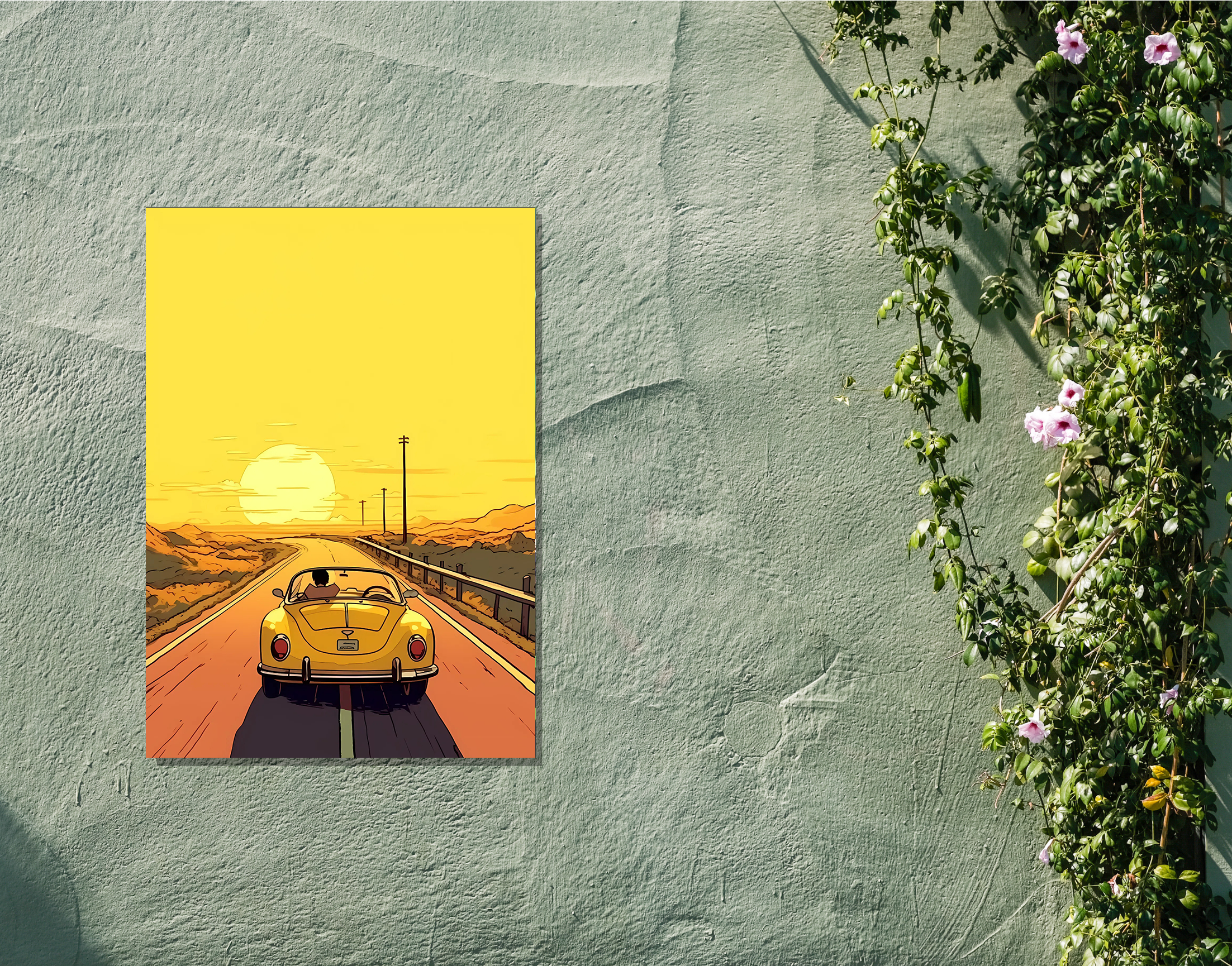 "Adventure Trip: Car Sun Rise Version"- Shiny & Sturdy Metallic Poster Art That Pops & Sticks
