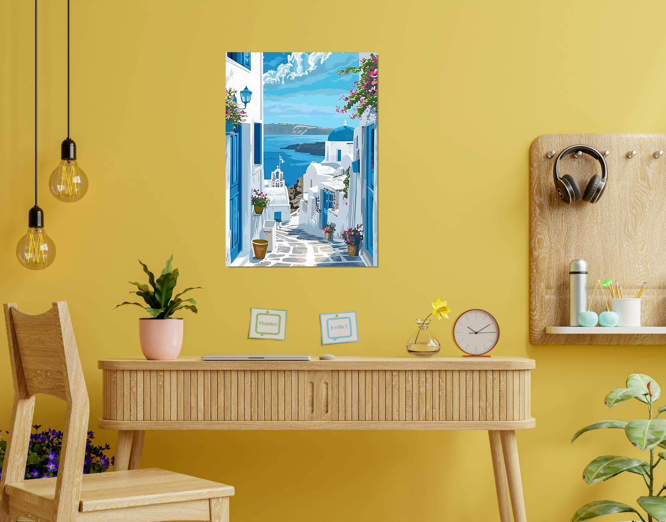 "Oia: Greece Blue Theme Street"- Shiny & Sturdy Metallic Poster Art That Pops & Sticks