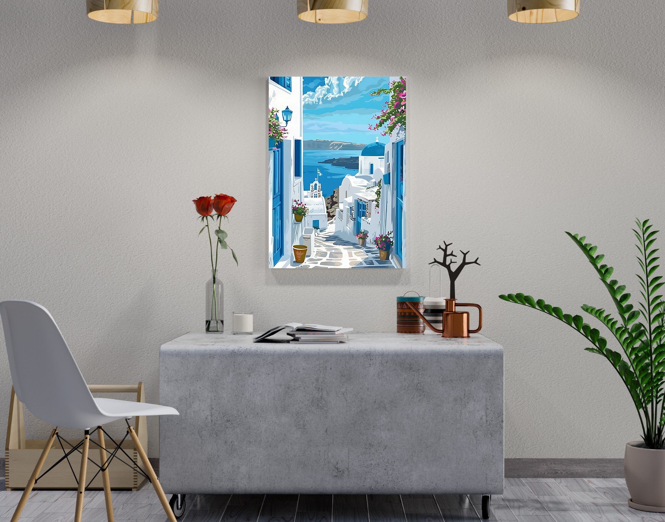 "Oia: Greece Blue Theme Street"- Shiny & Sturdy Metallic Poster Art That Pops & Sticks