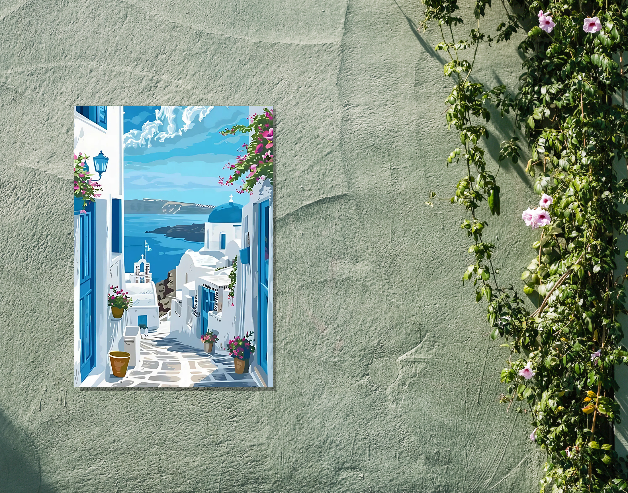 "Oia: Greece Blue Theme Street"- Shiny & Sturdy Metallic Poster Art That Pops & Sticks