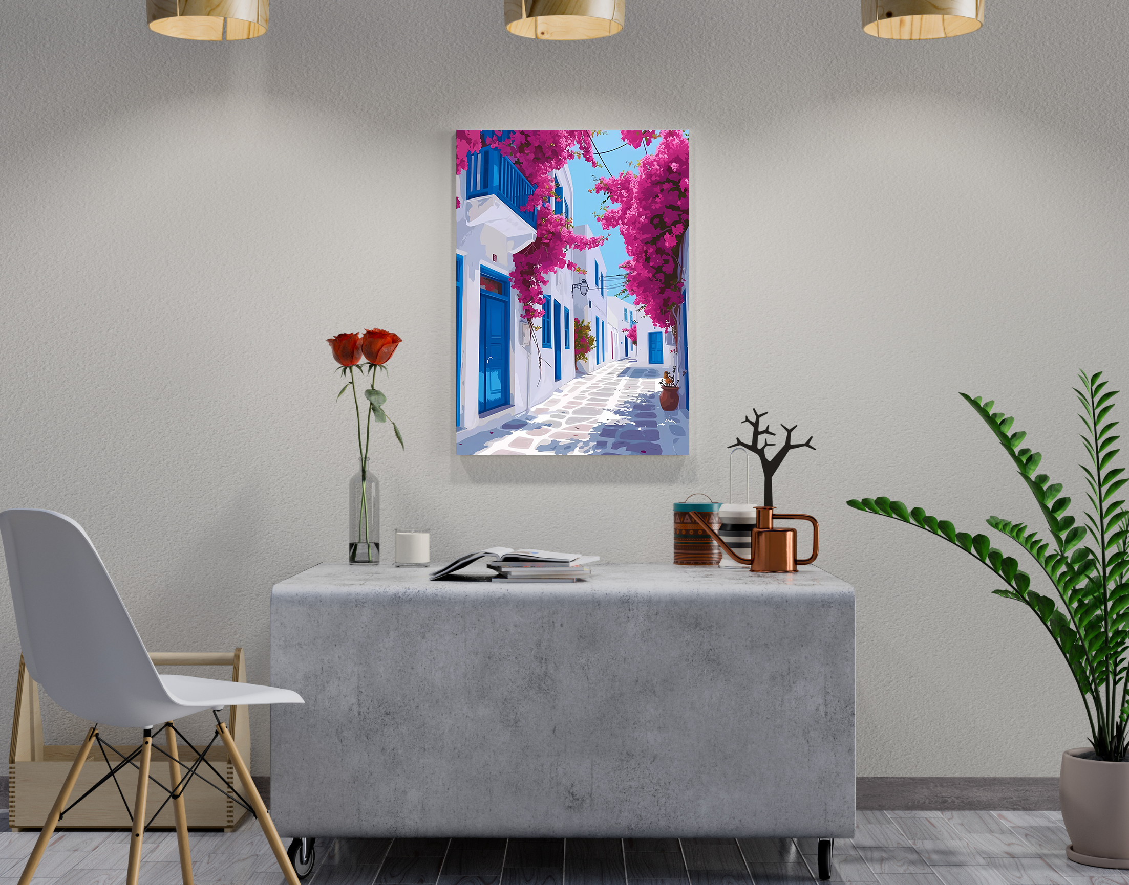 "Oia: Greece Bloom Theme Street"- Shiny & Sturdy Metallic Poster Art That Pops & Sticks