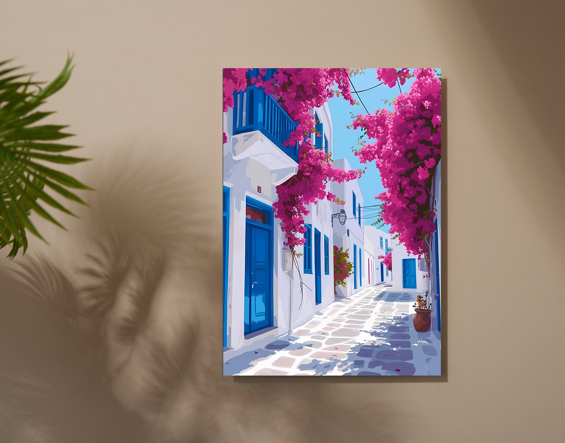 "Oia: Greece Bloom Theme Street"- Shiny & Sturdy Metallic Poster Art That Pops & Sticks