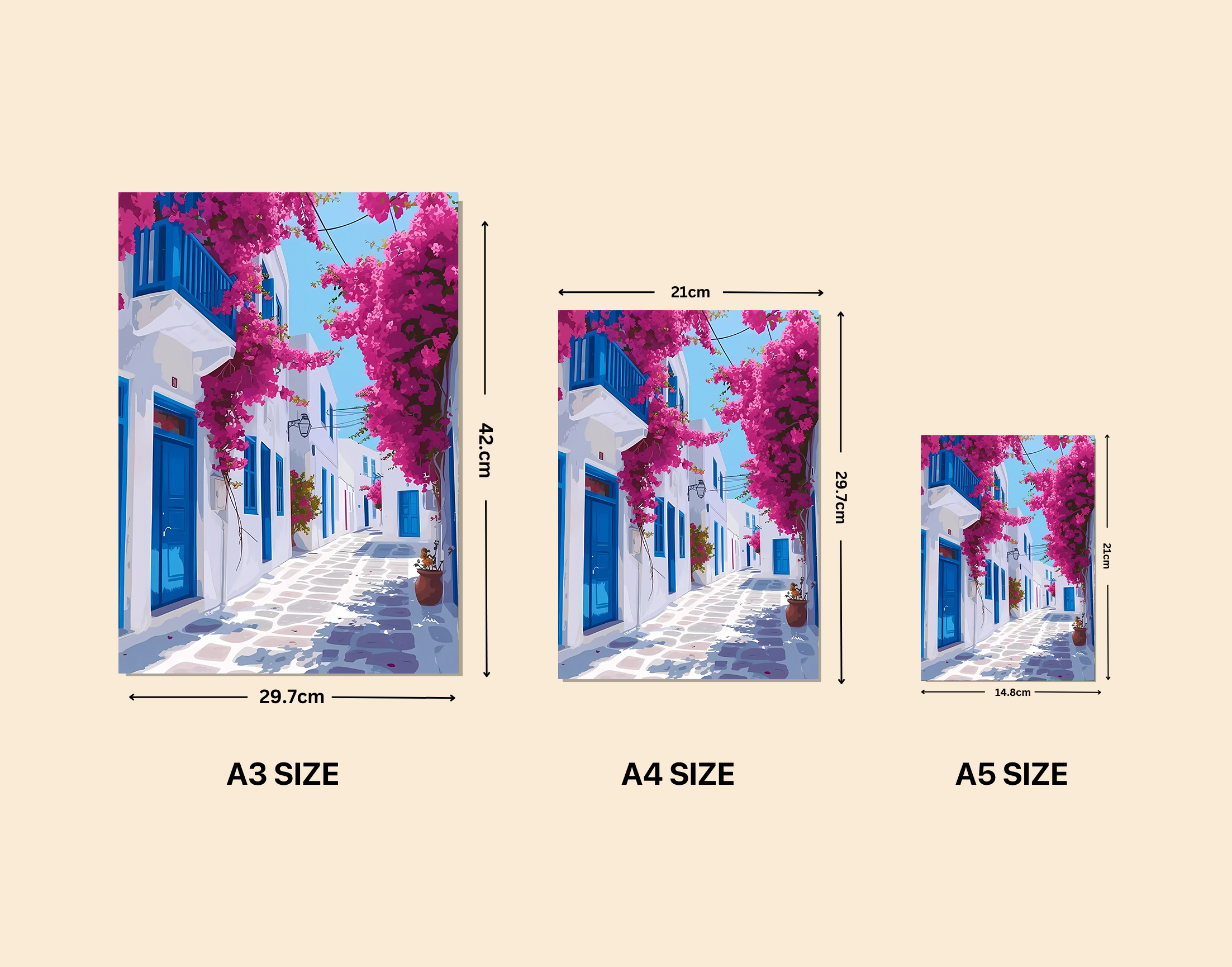 "Oia: Greece Bloom Theme Street"- Shiny & Sturdy Metallic Poster Art That Pops & Sticks