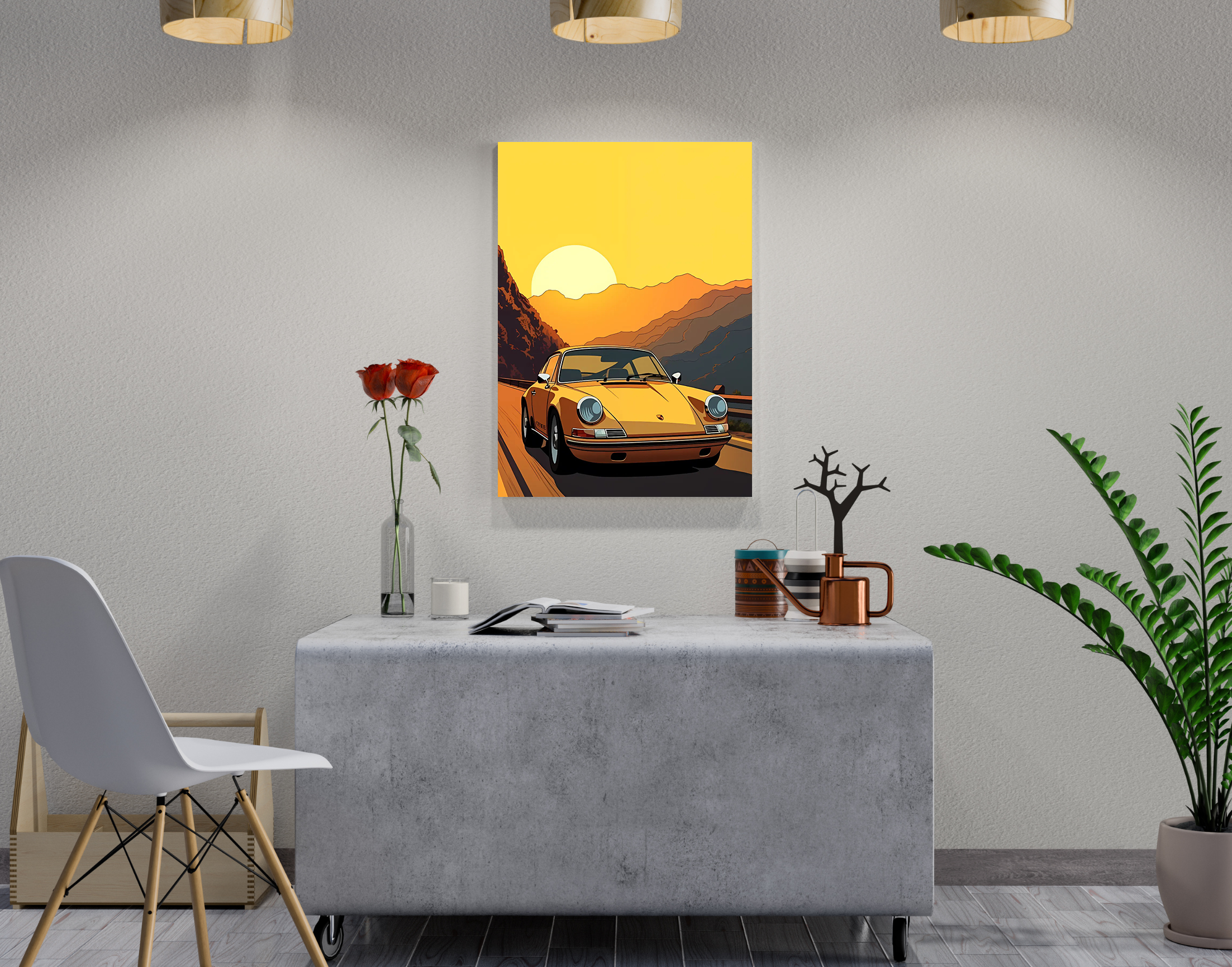 "DRIVE THROUGH THE SUNSET"- Shiny & Sturdy Metallic Poster Art That Pops & Sticks