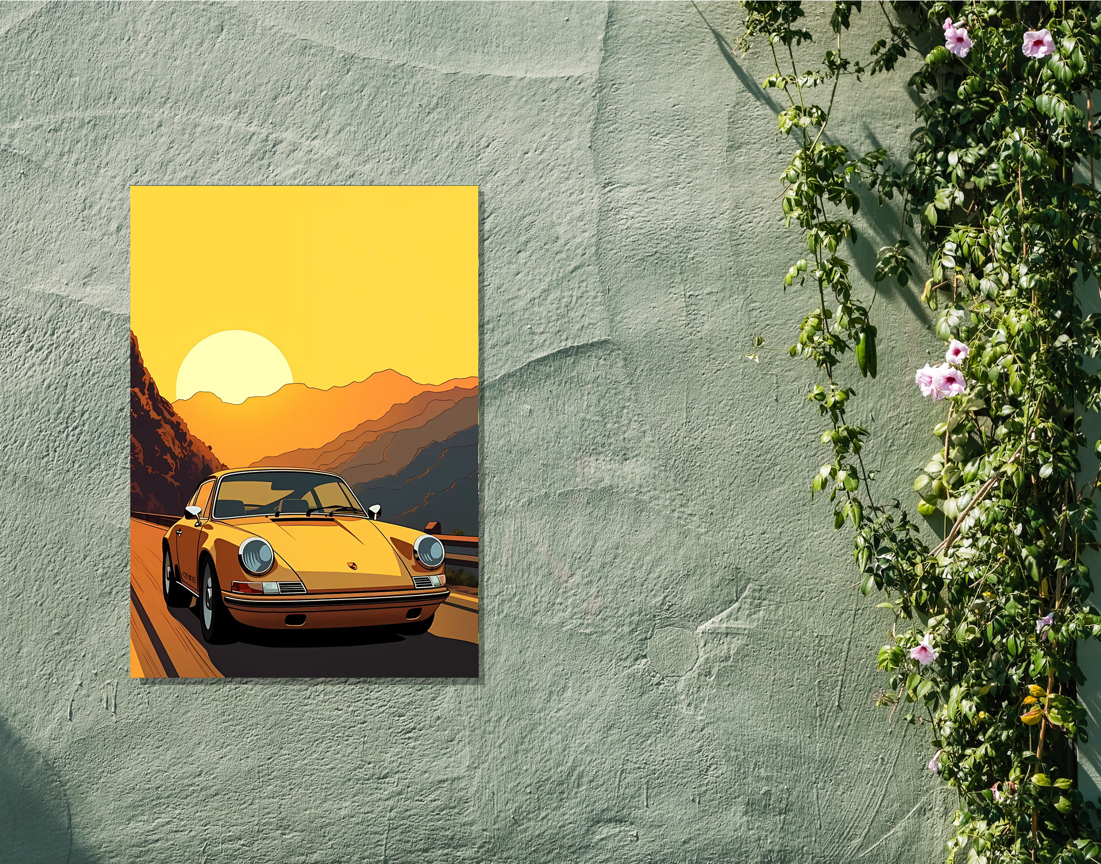 "DRIVE THROUGH THE SUNSET"- Shiny & Sturdy Metallic Poster Art That Pops & Sticks