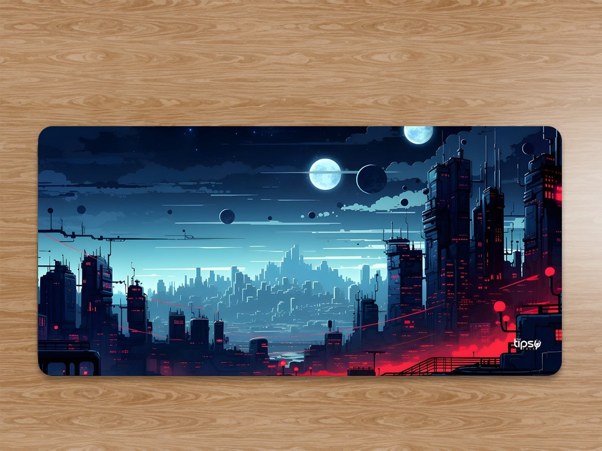 "NEON SCI-FI MEGACITY MOON SKY ART " Gaming Mousepad Elevate Your Gaming Experience