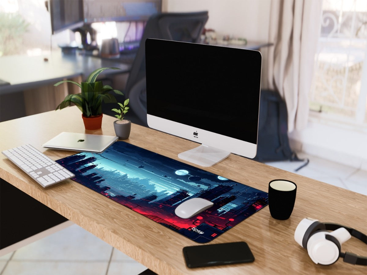 "NEON SCI-FI MEGACITY MOON SKY ART " Gaming Mousepad Elevate Your Gaming Experience