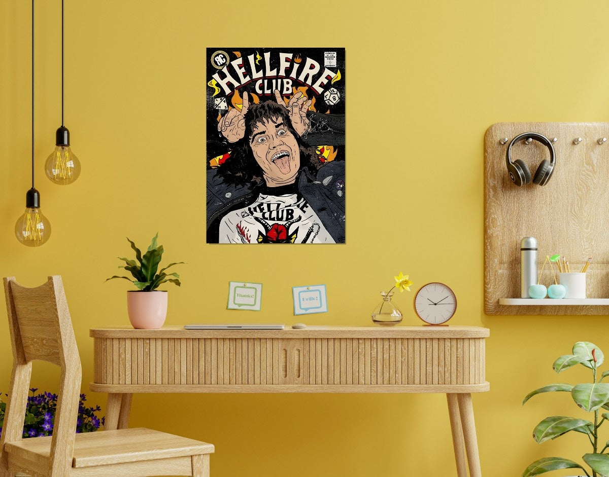 "EDDIE'S HELLFIRE CLUB" -Shiny & Sturdy Metallic Poster Art That Pops & Sticks