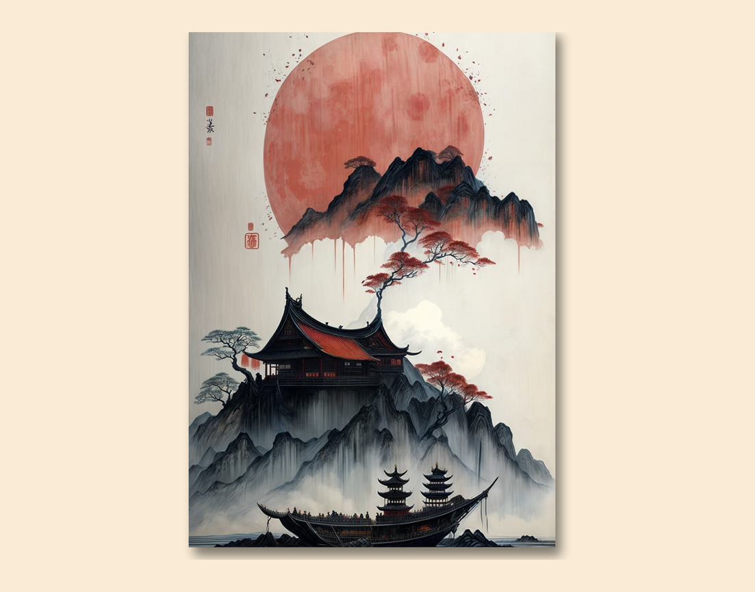 "MOUNTAIN TEMPLE AT DUSK" -Shiny & Sturdy Metallic Poster Art That Pops & Sticks