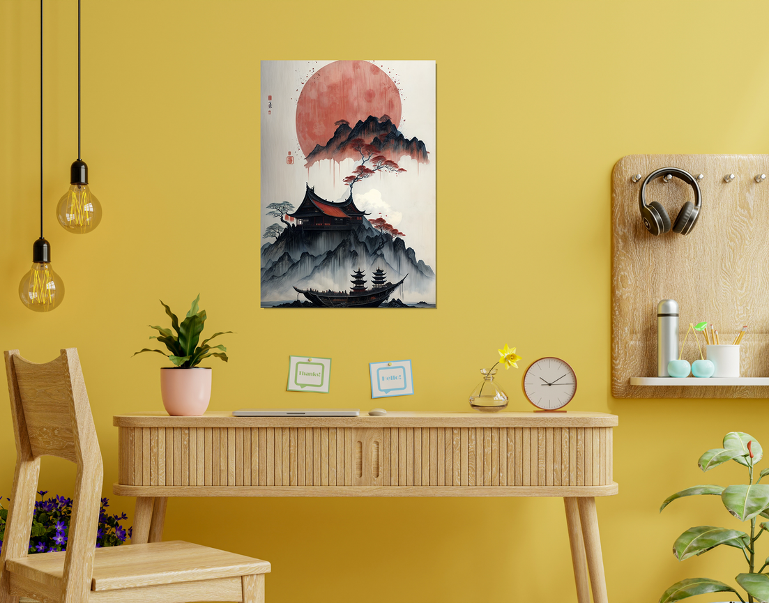 "MOUNTAIN TEMPLE AT DUSK" -Shiny & Sturdy Metallic Poster Art That Pops & Sticks
