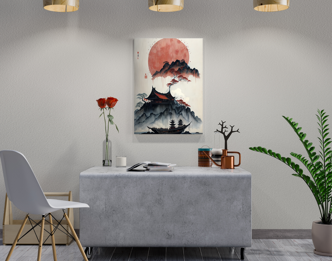 "MOUNTAIN TEMPLE AT DUSK" -Shiny & Sturdy Metallic Poster Art That Pops & Sticks