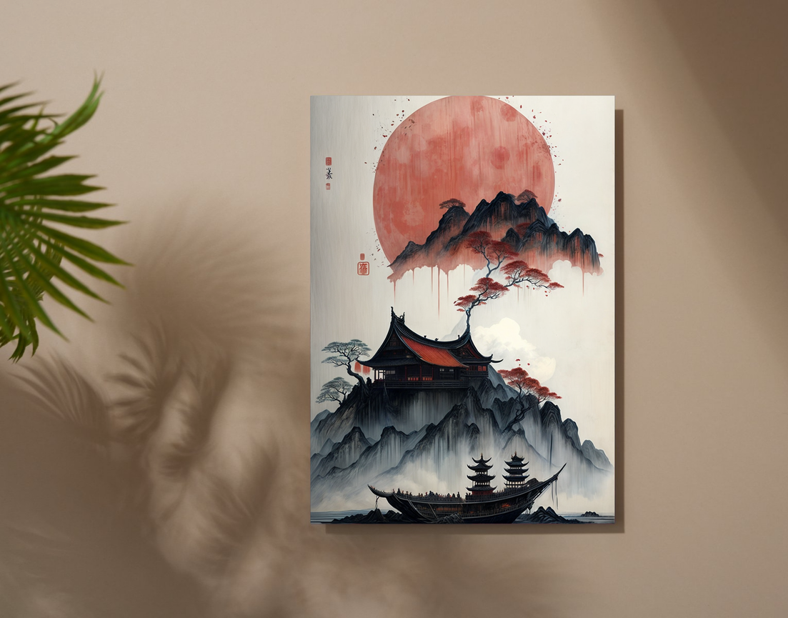 "MOUNTAIN TEMPLE AT DUSK" -Shiny & Sturdy Metallic Poster Art That Pops & Sticks