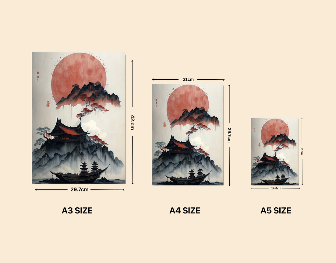 "MOUNTAIN TEMPLE AT DUSK" -Shiny & Sturdy Metallic Poster Art That Pops & Sticks
