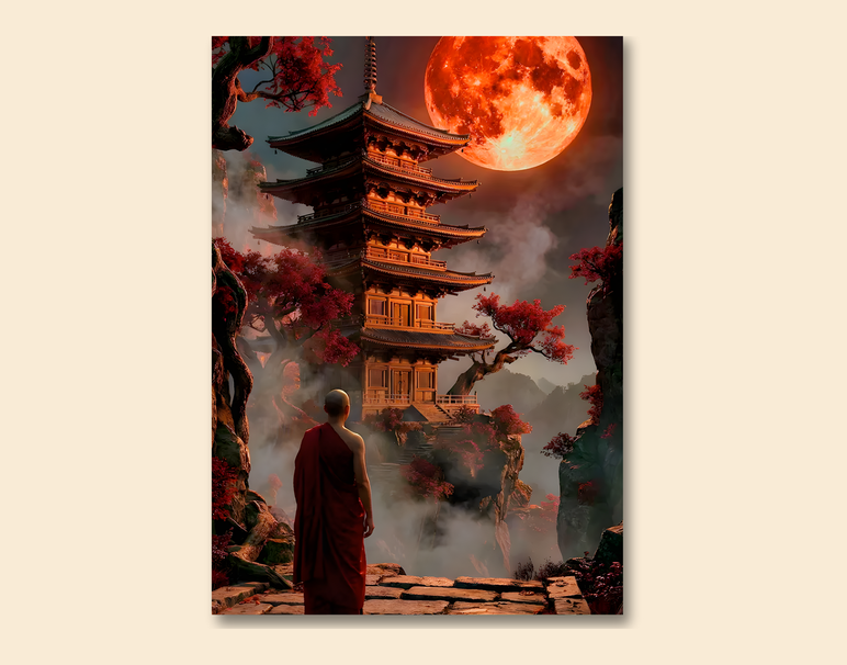 "Moonlit Temple Calm" -Shiny & Sturdy Metallic Poster Art That Pops & Sticks