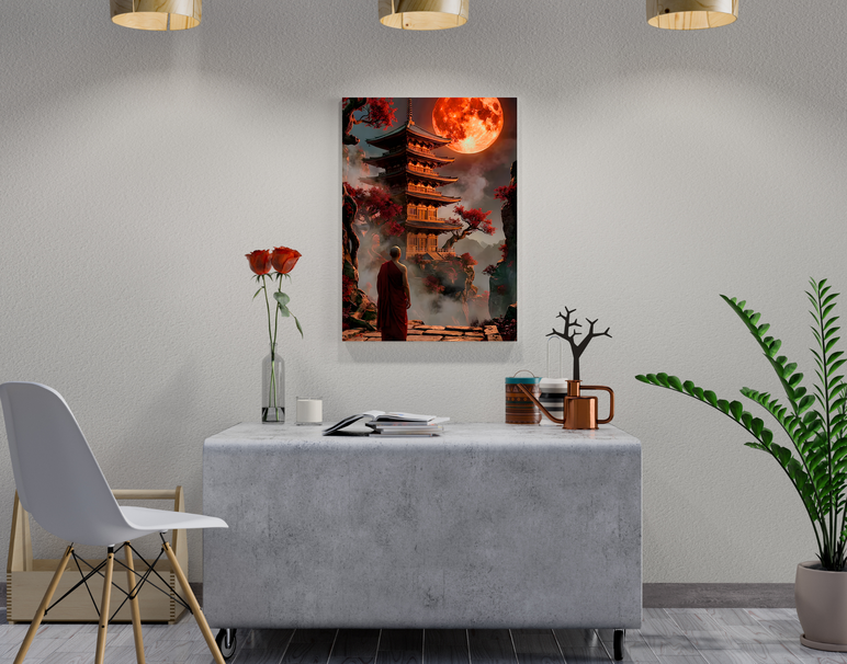 "Moonlit Temple Calm" -Shiny & Sturdy Metallic Poster Art That Pops & Sticks