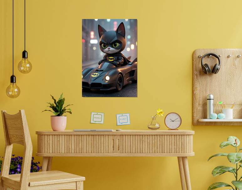 "Batcat Racer Mode" -Shiny & Sturdy Metallic Poster Art That Pops & Sticks