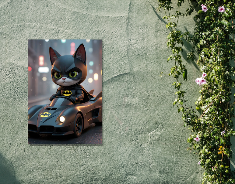 "Batcat Racer Mode" -Shiny & Sturdy Metallic Poster Art That Pops & Sticks