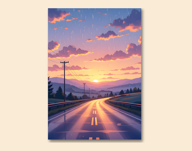 "Golden Road Dusk" -Shiny & Sturdy Metallic Poster Art That Pops & Sticks