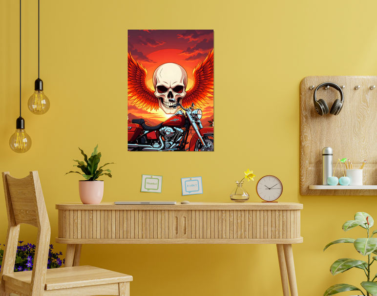 "Biker Skull Flame" -Shiny & Sturdy Metallic Poster Art That Pops & Sticks