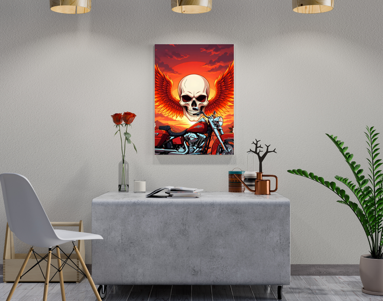 "Biker Skull Flame" -Shiny & Sturdy Metallic Poster Art That Pops & Sticks