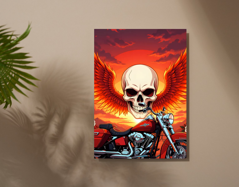 "Biker Skull Flame" -Shiny & Sturdy Metallic Poster Art That Pops & Sticks