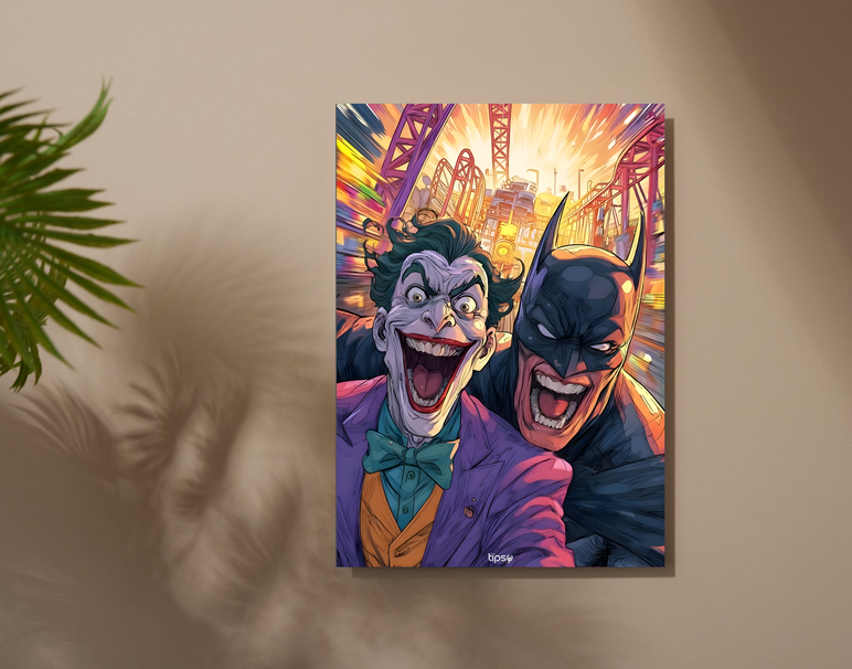 "VIBRANT BATMAN & JOKER" -Shiny & Sturdy Metallic Poster Art That Pops & Sticks