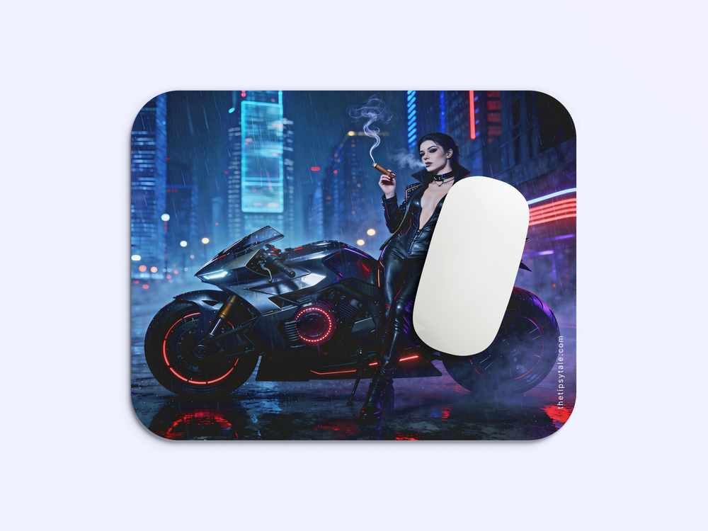 "A CYBERPUNK QUEEN IN THE RAIN" Mousepad Enhance Your Workspace with Style