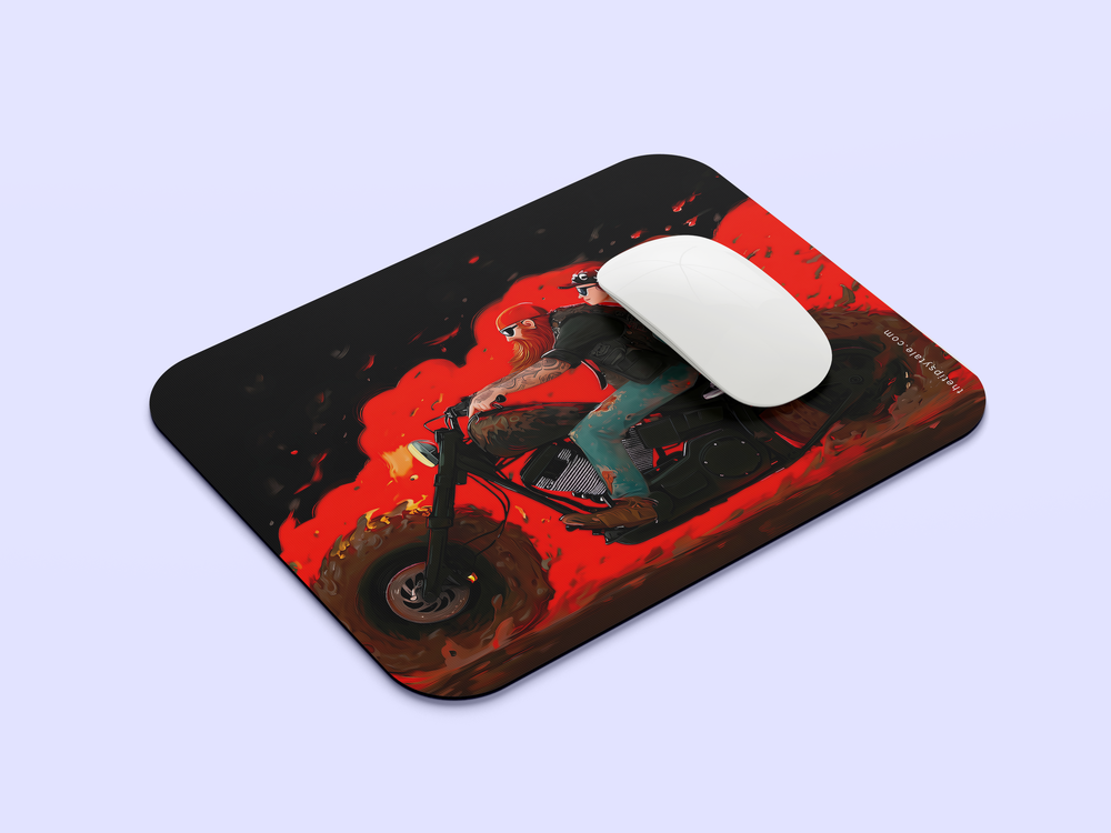 "BIKER COUPLE ON FLAMING CHOPPER" Mousepad Enhance Your Workspace with Style