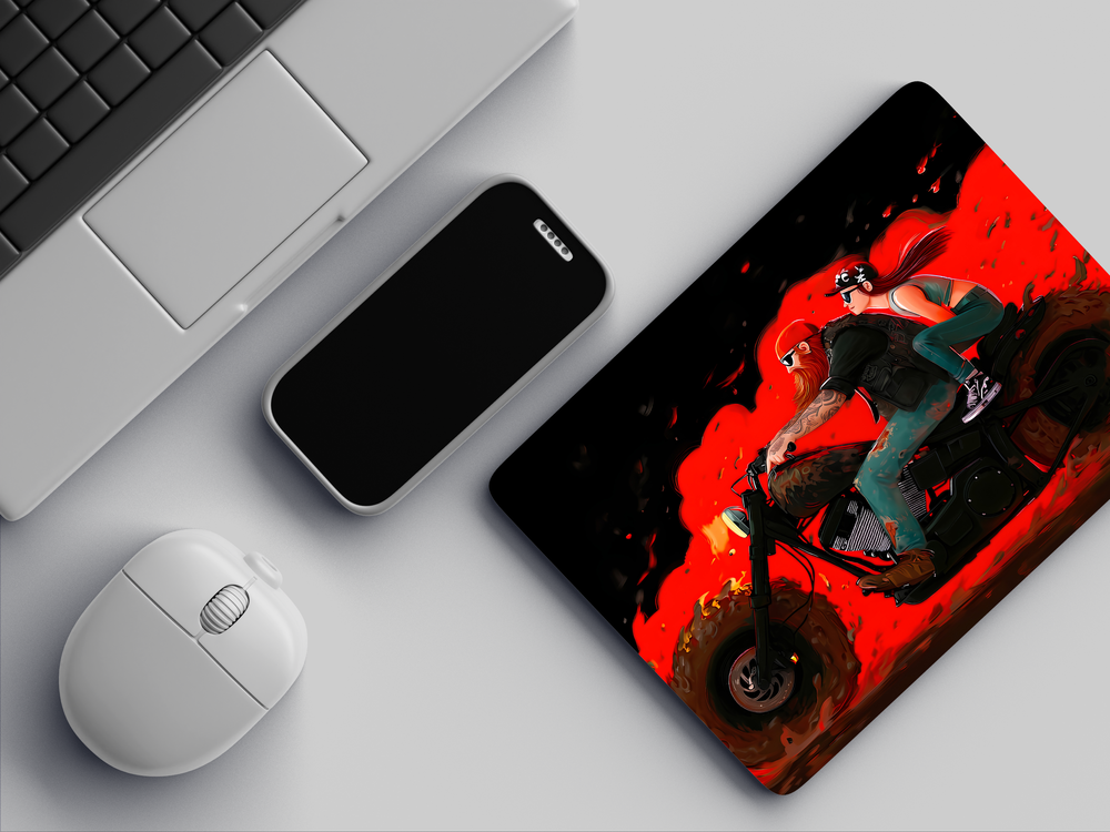 "BIKER COUPLE ON FLAMING CHOPPER" Mousepad Enhance Your Workspace with Style