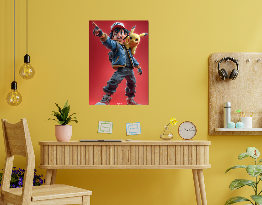 "ASH KETCHUM WITH PIKACHU" -Shiny & Sturdy Metallic Poster Art That Pops & Sticks