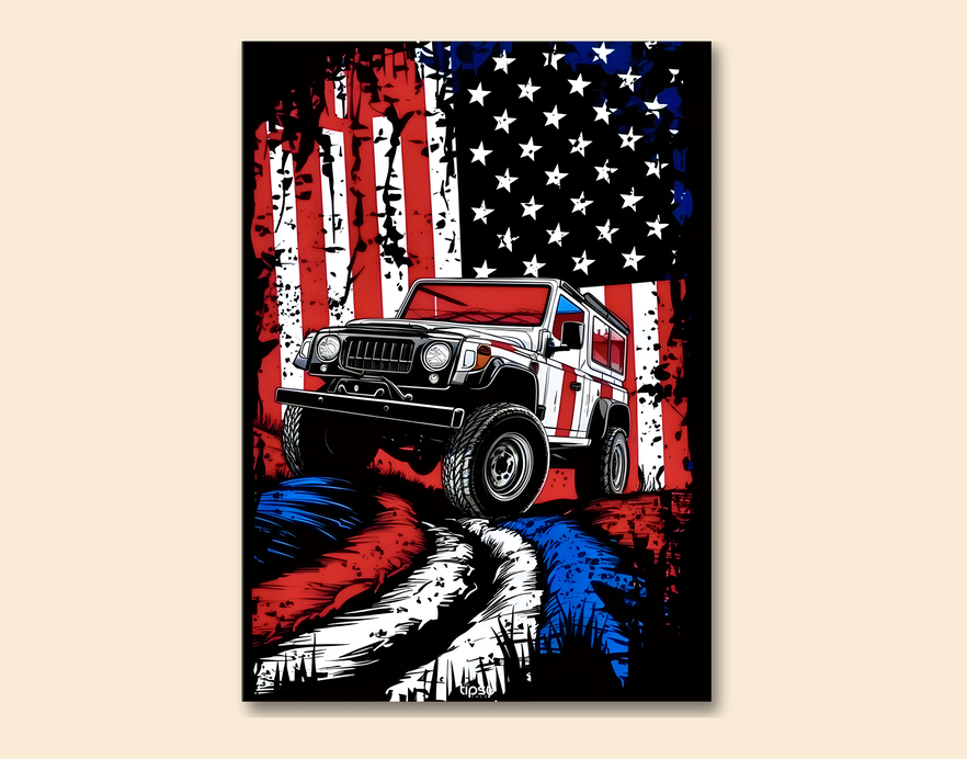 "JEEP WRANGLER WITH AMERICAN FLAG BACKDROP " -Shiny & Sturdy Metallic Poster Art That Pops & Sticks