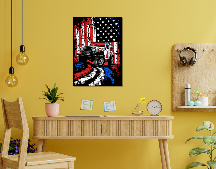 "JEEP WRANGLER WITH AMERICAN FLAG BACKDROP " -Shiny & Sturdy Metallic Poster Art That Pops & Sticks