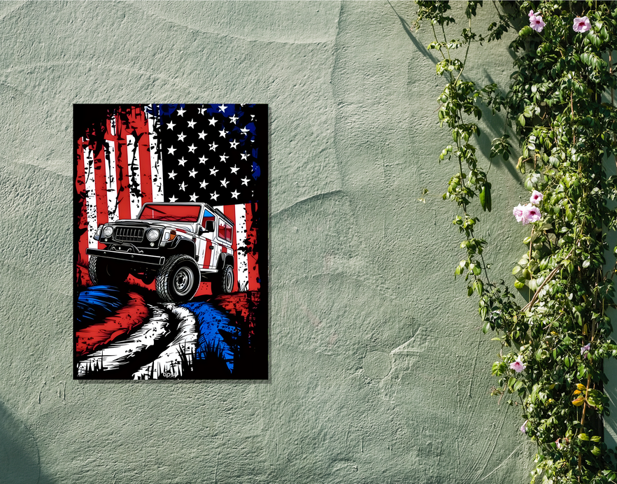 "JEEP WRANGLER WITH AMERICAN FLAG BACKDROP " -Shiny & Sturdy Metallic Poster Art That Pops & Sticks