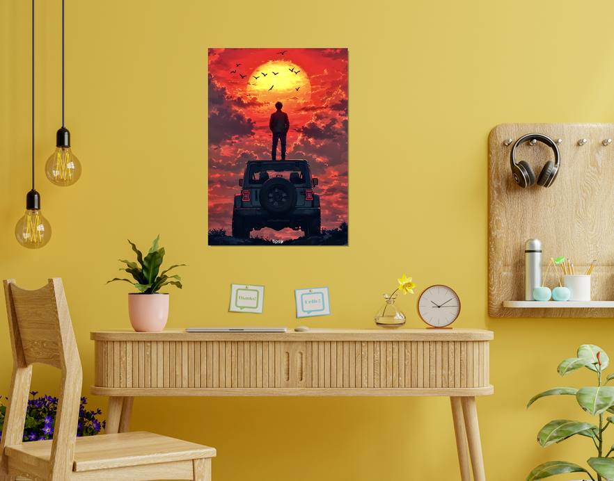"A MAN WITH JEEP WRANGLER " -Shiny & Sturdy Metallic Poster Art That Pops & Sticks