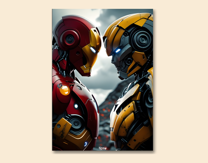 "IRON MAN VS BUMBLEBEE " -Shiny & Sturdy Metallic Poster Art That Pops & Sticks