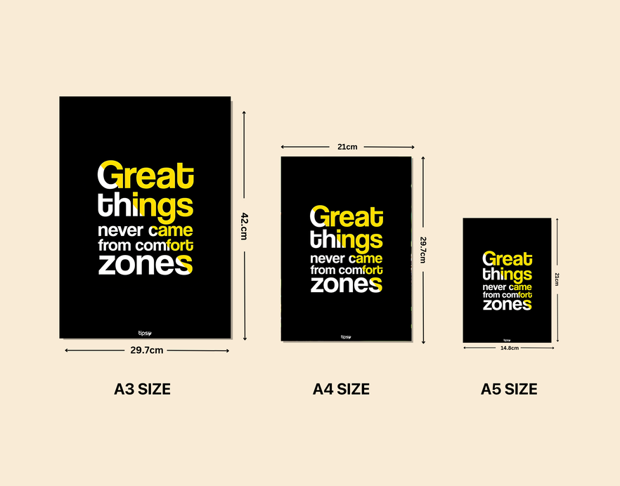 "GREAT THINGS NEVER CAME FROM COMFORT ZONES" -Shiny & Sturdy Metallic Poster Art That Pops & Sticks