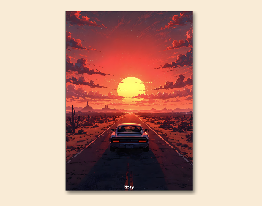 "RETRO CAR SUNSET " -Shiny & Sturdy Metallic Poster Art That Pops & Sticks