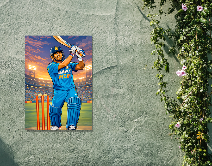 "MS DHONI O7: CRICKET FANDOM" -Shiny & Sturdy Metallic Poster Art That Pops & Sticks