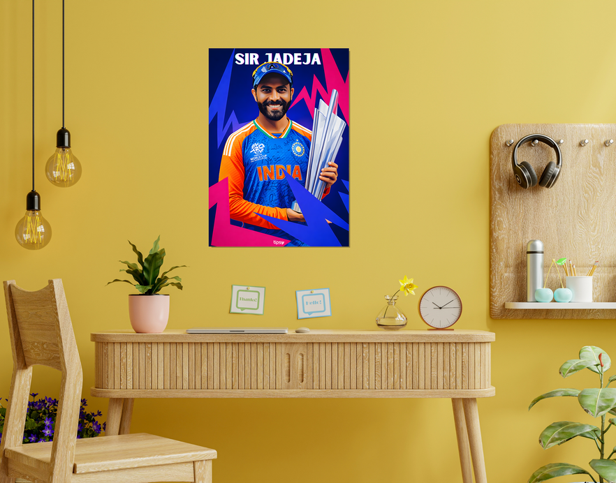 "SIR RAVINDRA JADEJA: CRICKET FANDOM" -Shiny & Sturdy Metallic Poster Art That Pops & Sticks