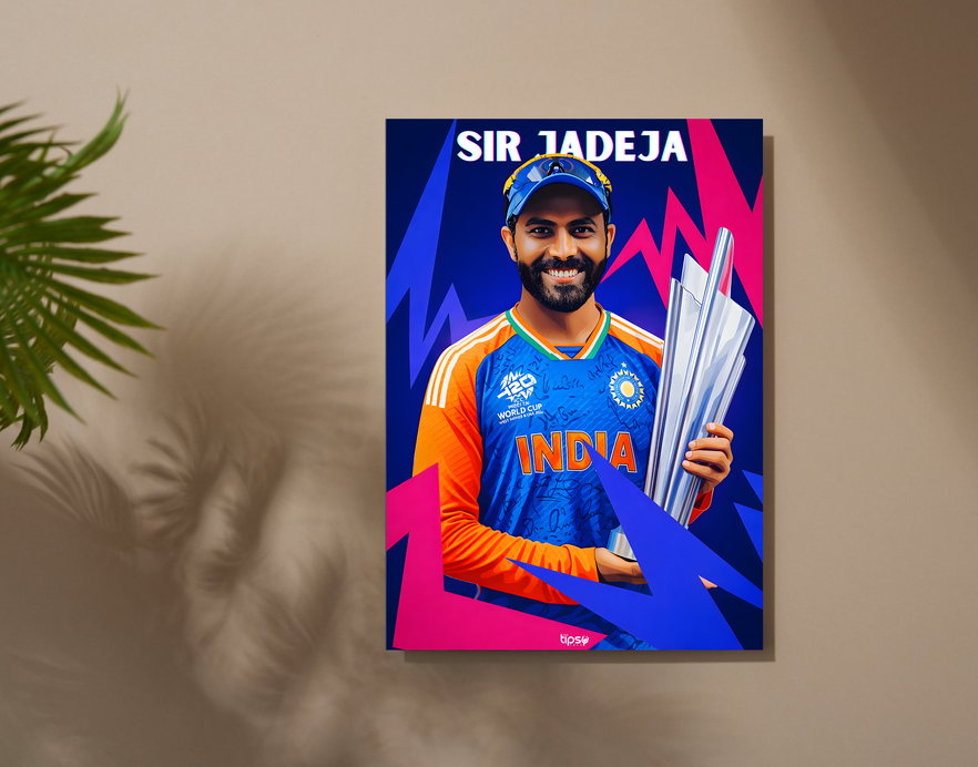 "SIR RAVINDRA JADEJA: CRICKET FANDOM" -Shiny & Sturdy Metallic Poster Art That Pops & Sticks