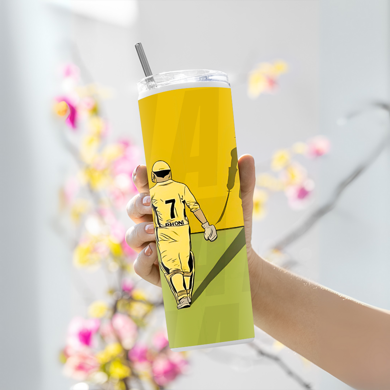 "DHONI YELLOW WARRIOR - CRICKET FANBASE" Tumbler with Metal Straw