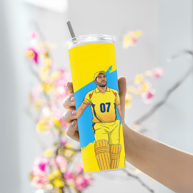 "MS DHONI 7 - CRICKET FAN BASE " Tumbler with Metal Straw