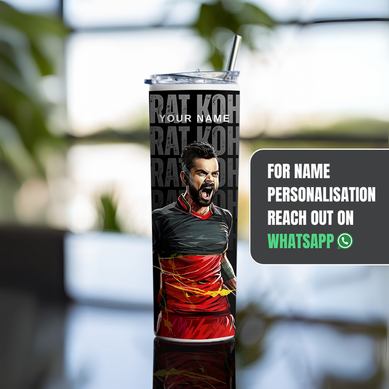 "KING KOHLI 18 CRICKET FANBASE" Tumbler with Metal Straw
