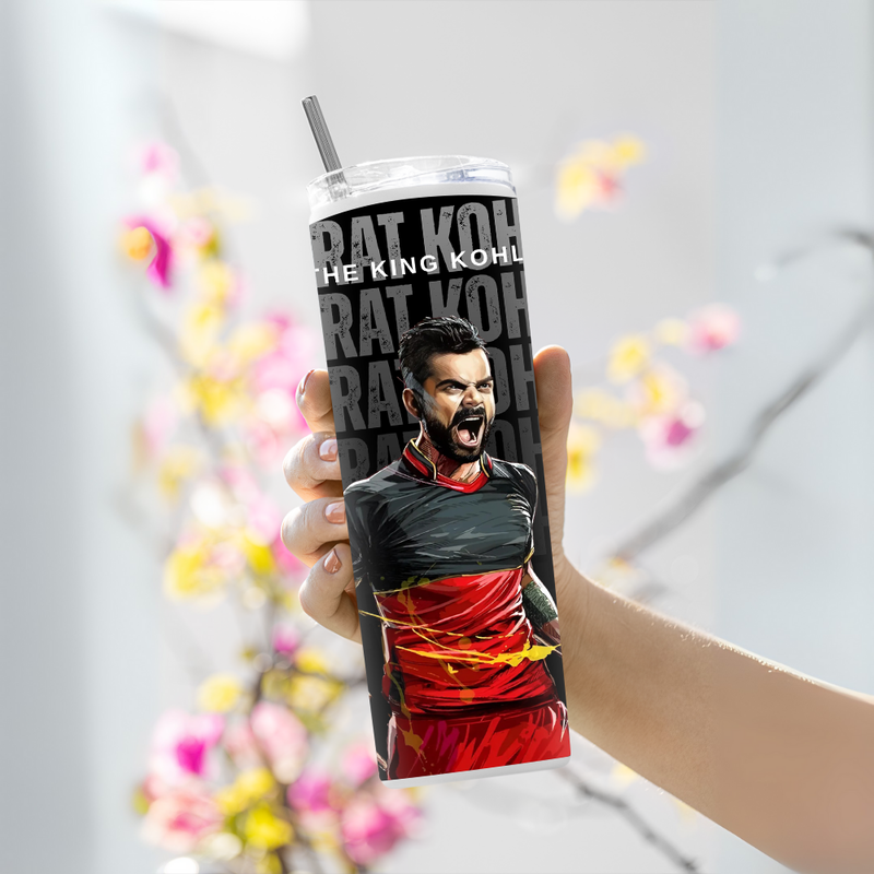 "KING KOHLI 18 CRICKET FANBASE" Tumbler with Metal Straw