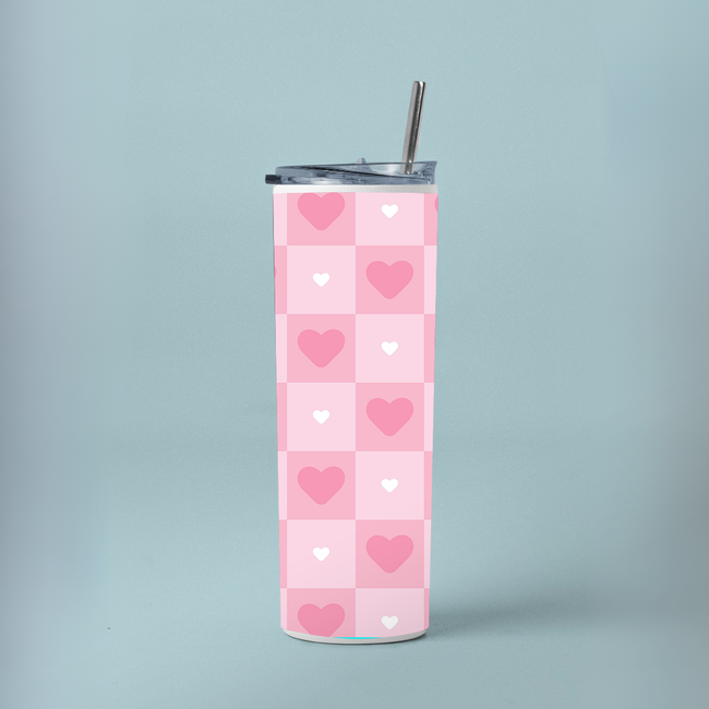 "PINK HEART ABSTRACT" Tumbler with Metal Straw