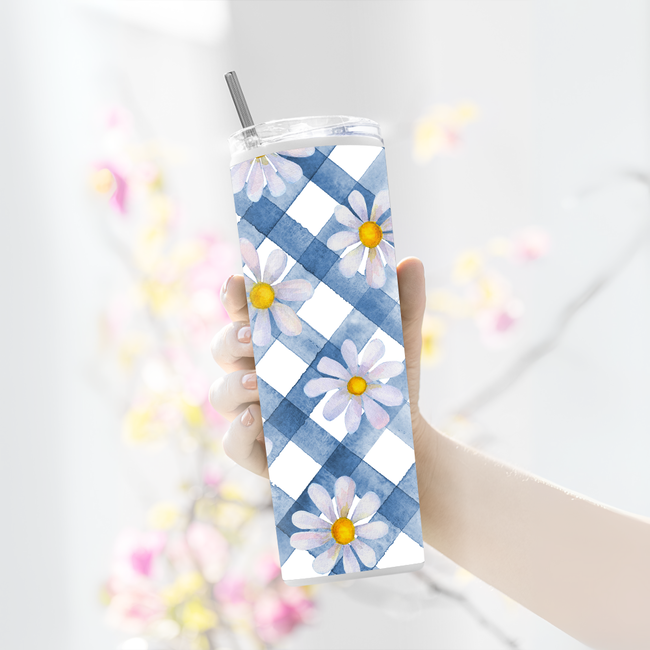 "WATERCOLOR DAISY FLORAL " Tumbler with Metal Straw