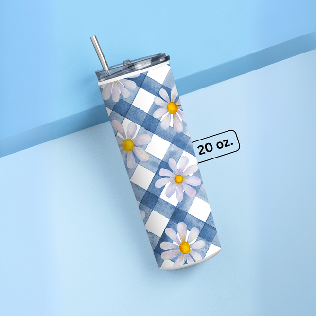 "WATERCOLOR DAISY FLORAL " Tumbler with Metal Straw