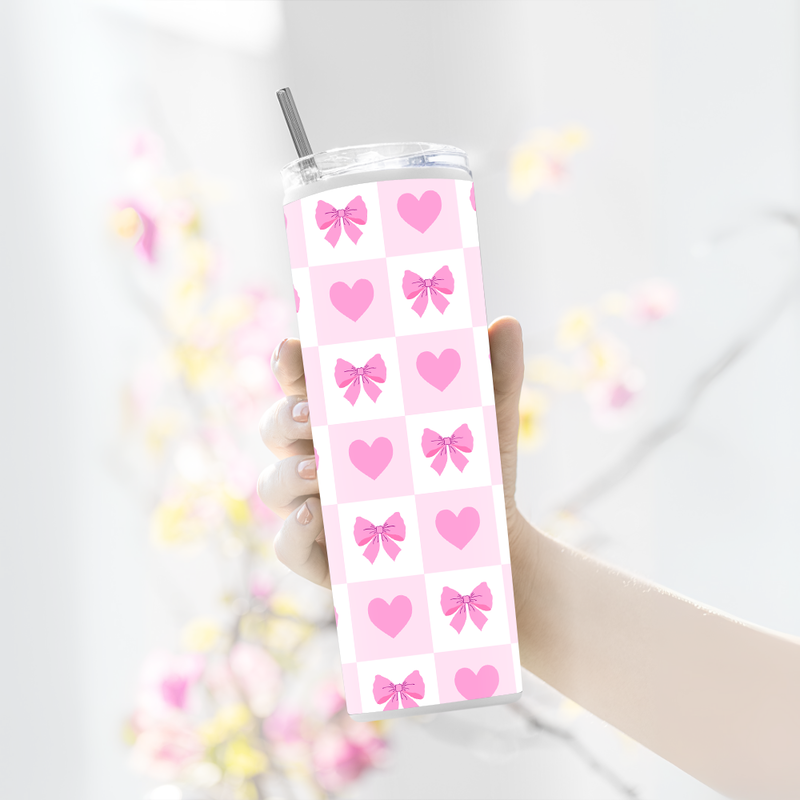 "PINK HEARTS & BOW PATTERN" Tumbler with Metal Straw