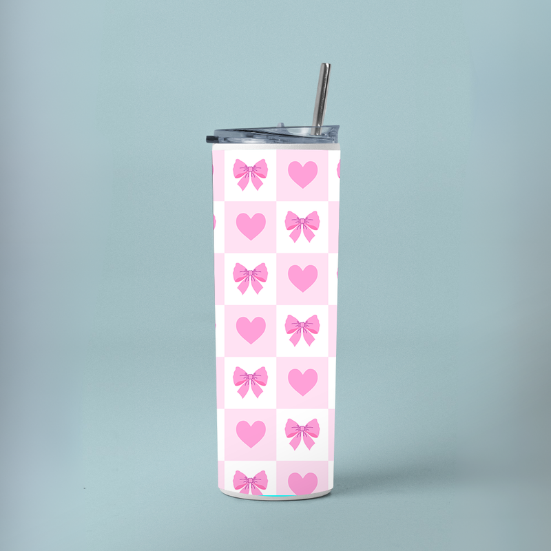 "PINK HEARTS & BOW PATTERN" Tumbler with Metal Straw