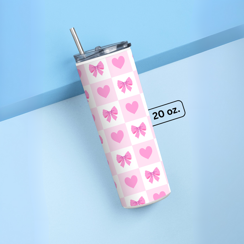 "PINK HEARTS & BOW PATTERN" Tumbler with Metal Straw